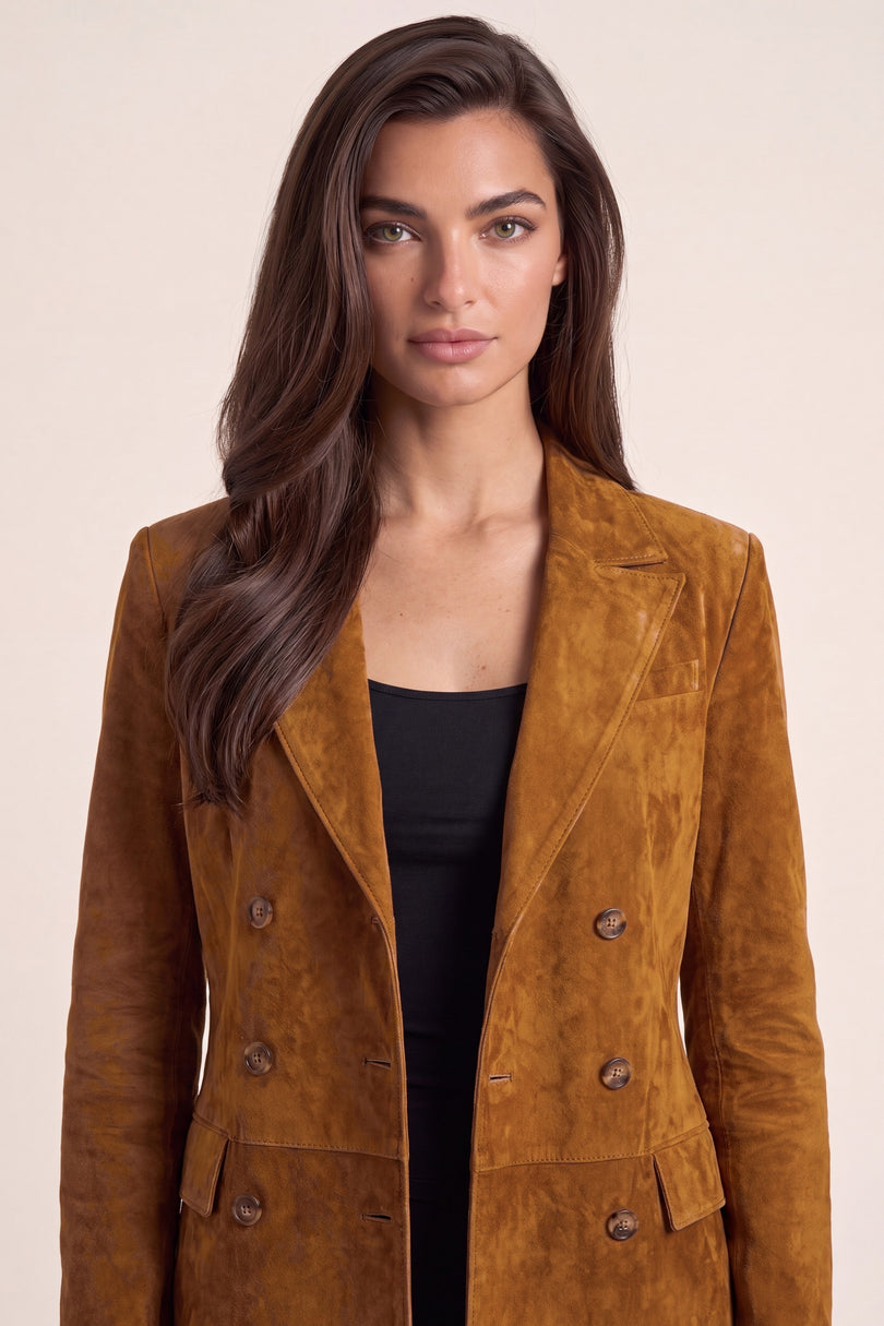 Lambskin Suede Double-Breasted Blazer - Brown - macro view