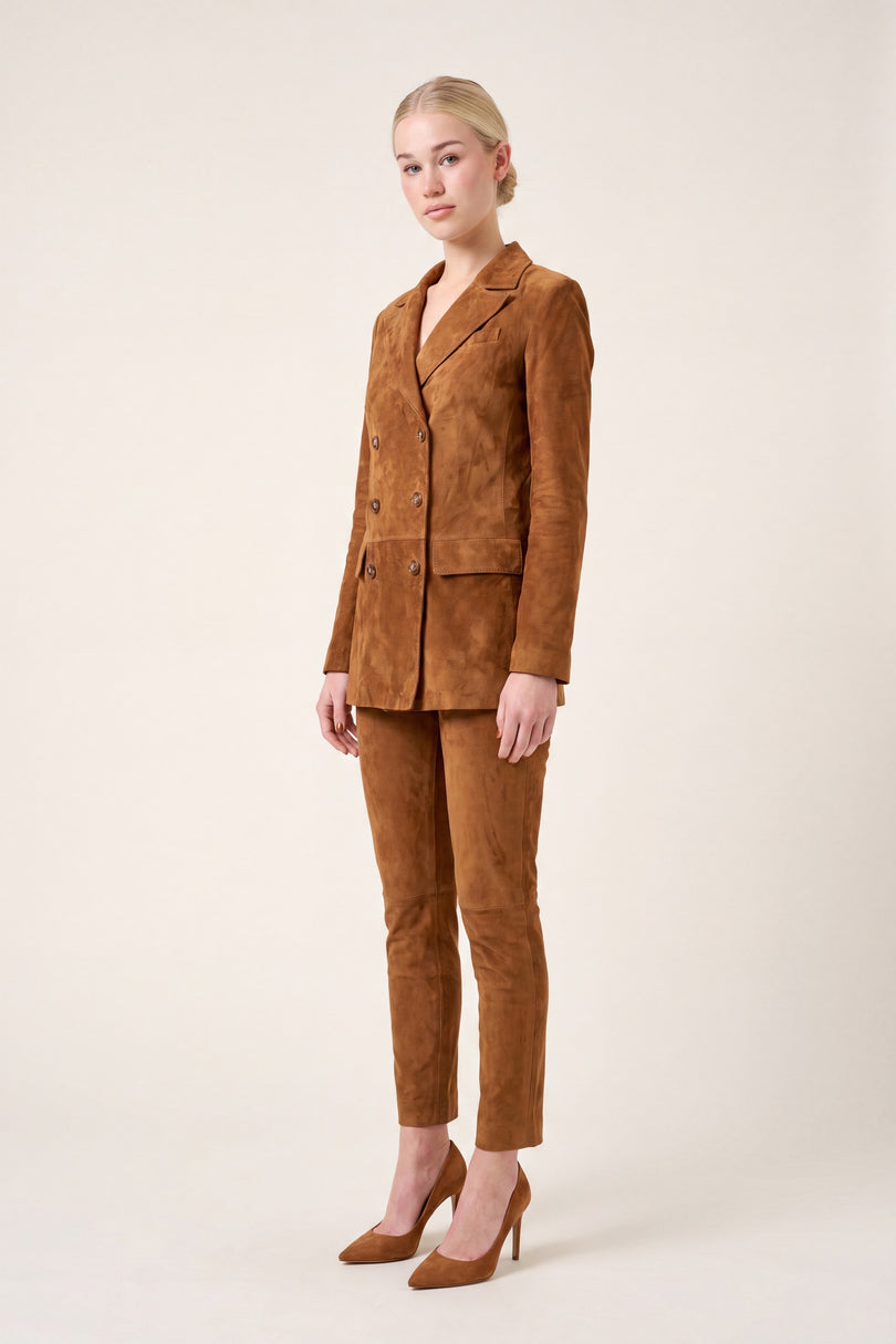 Lambskin Suede Double-Breasted Blazer - Brown - side view