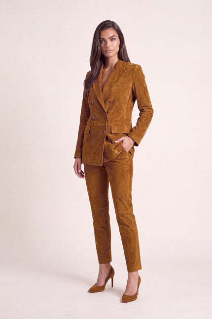 Lambskin Suede Double-Breasted Blazer - Brown - front view