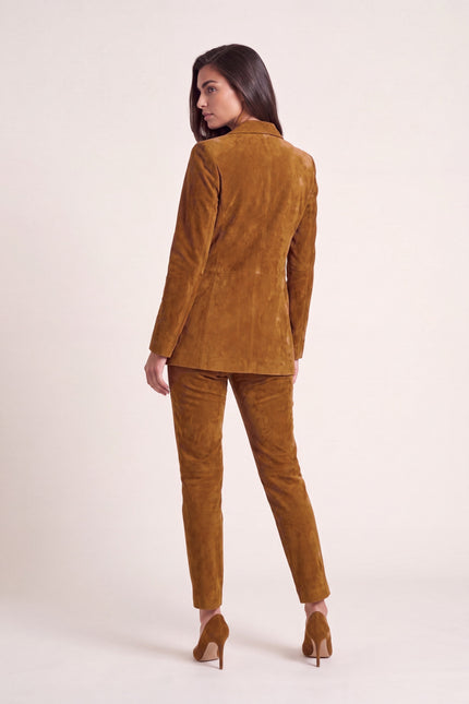 Lambskin Suede Double-Breasted Blazer - Brown - back view