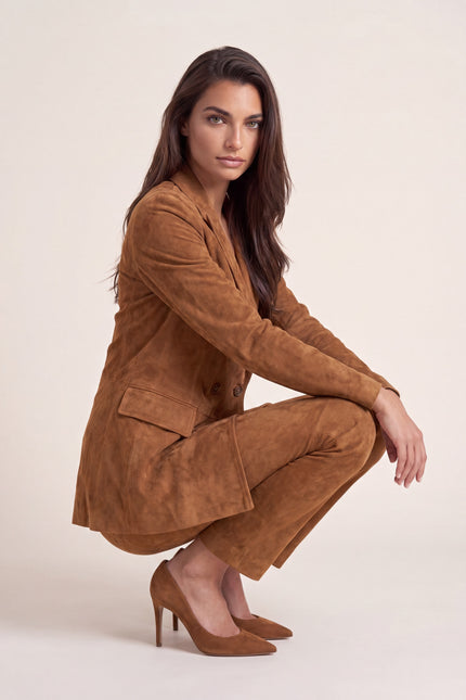 Lambskin Suede Double-Breasted Blazer - Brown - freestyle view
