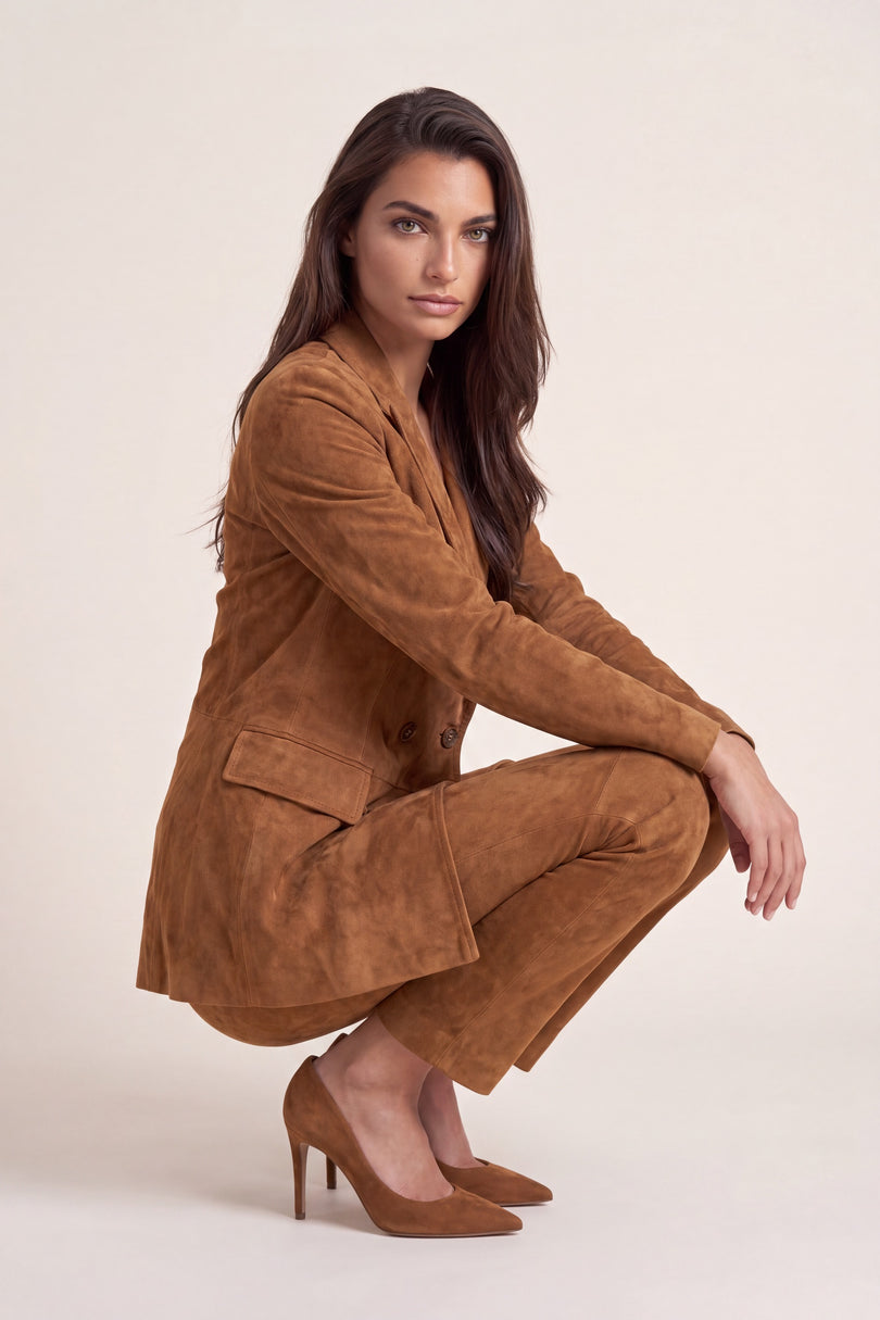 Lambskin Suede Double-Breasted Blazer - Brown - freestyle view