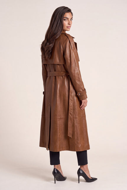Belted Lambskin Leather Trench Coat - Brown - back view