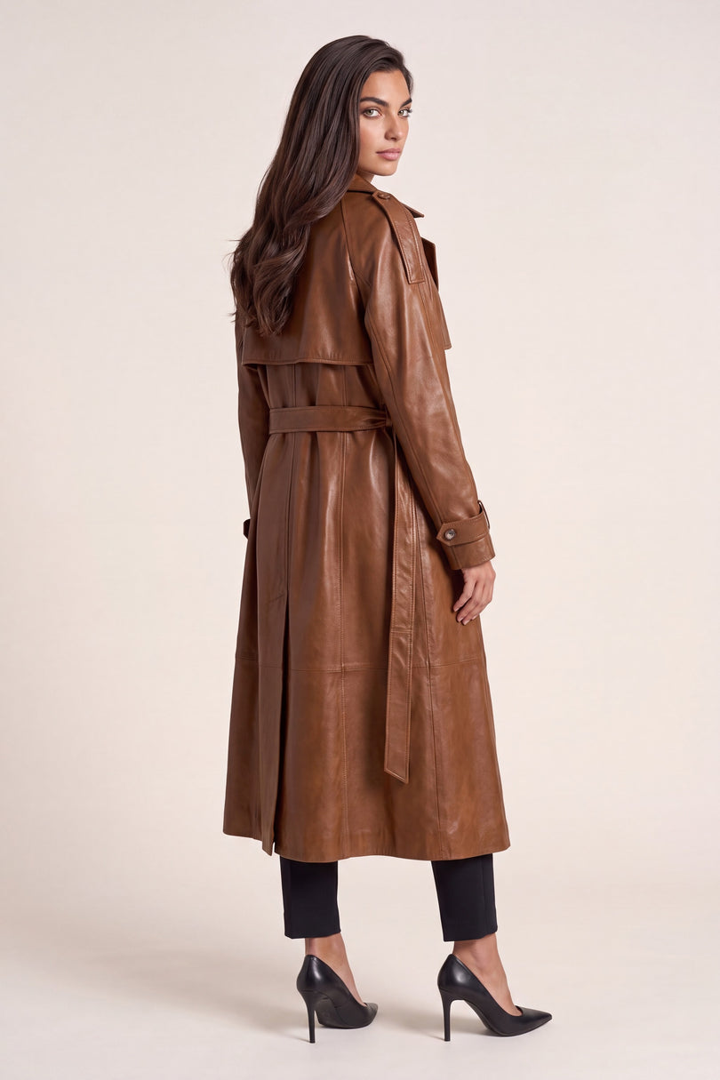 Belted Lambskin Leather Trench Coat - Brown - back view