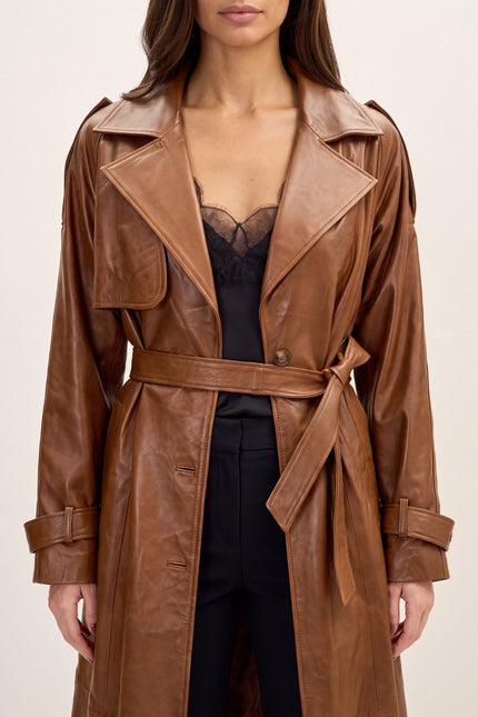 Belted Lambskin Leather Trench Coat - Brown - detail view