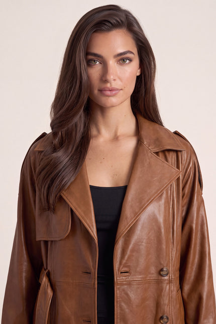 Belted Lambskin Leather Trench Coat - Brown - macro view