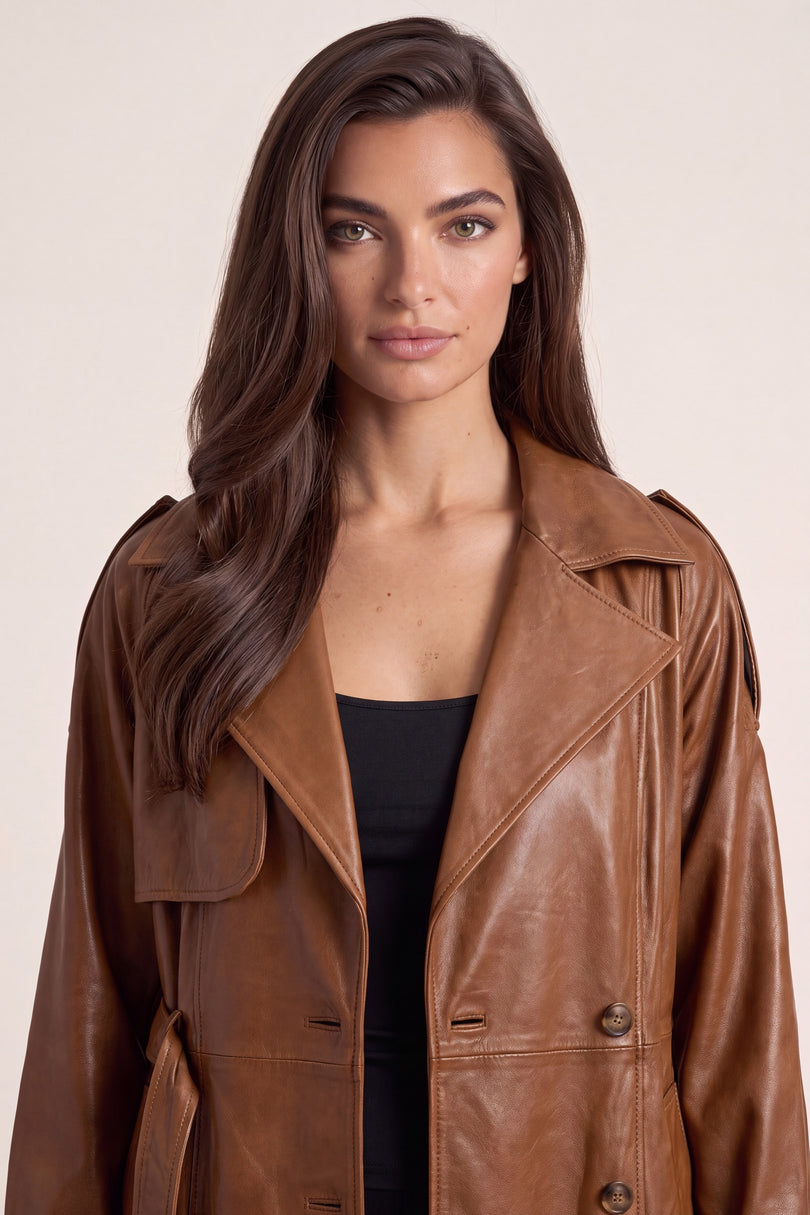 Belted Lambskin Leather Trench Coat - Brown - macro view