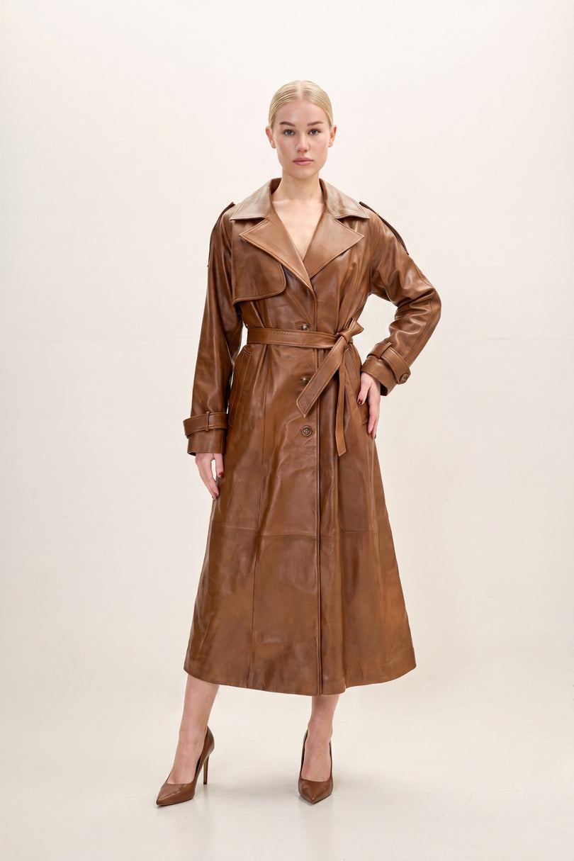 Belted Lambskin Leather Trench Coat - Brown - front view