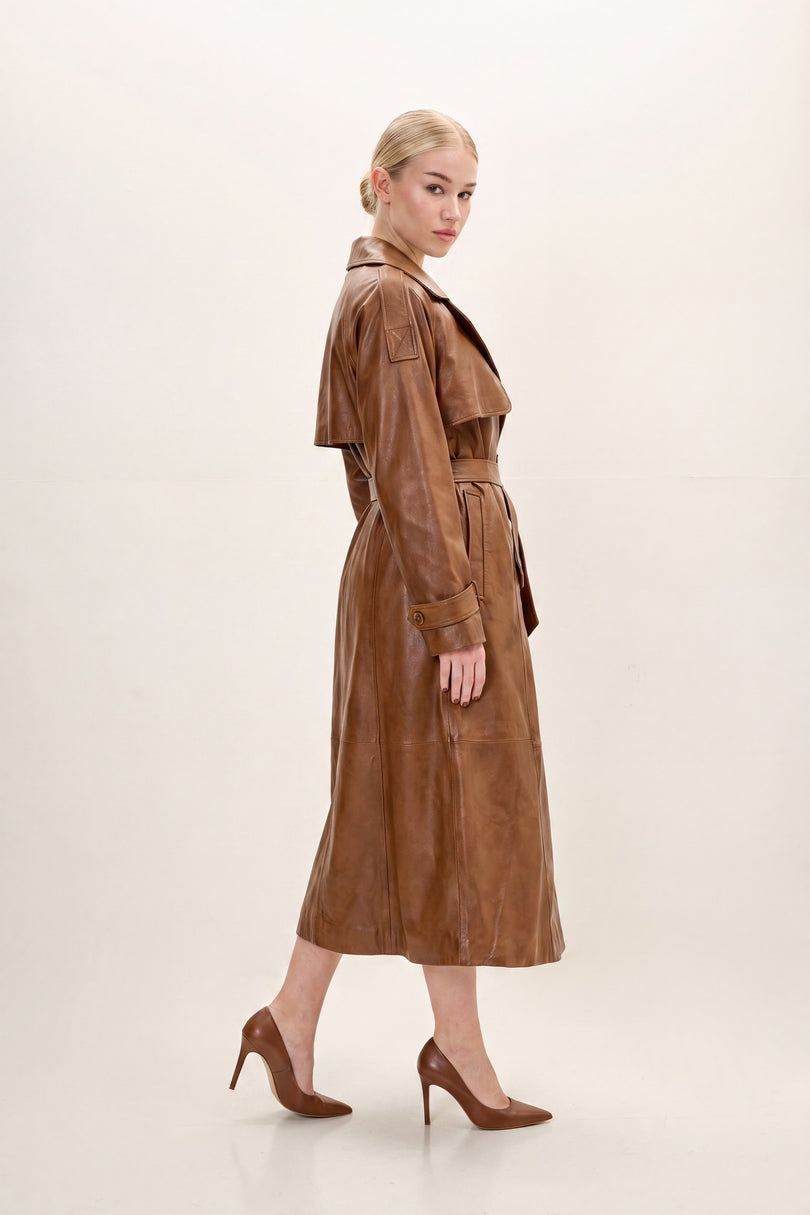 Belted Lambskin Leather Trench Coat - Brown - side view
