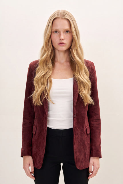 Lambskin Suede Single-Breasted Blazer - Burgundy - macro view