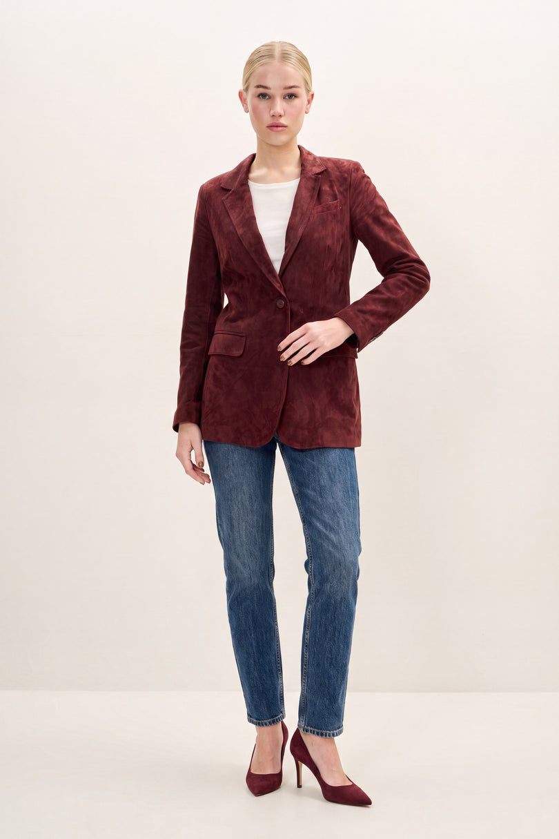 Lambskin Suede Single-Breasted Blazer - Burgundy - front view