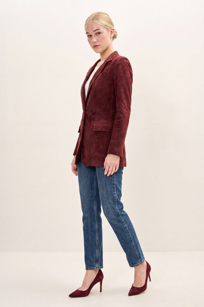 Lambskin Suede Single-Breasted Blazer - Burgundy - side view