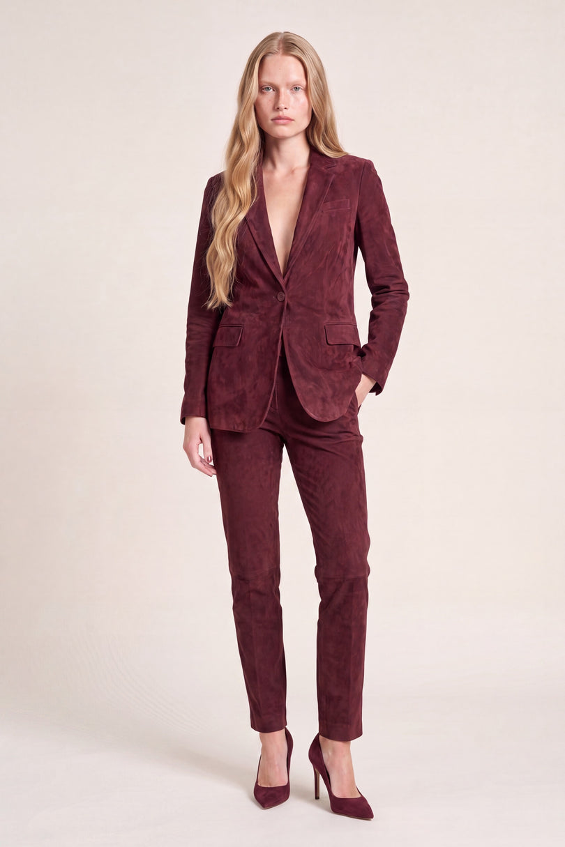 Lambskin Suede Single-Breasted Blazer - Burgundy - front view