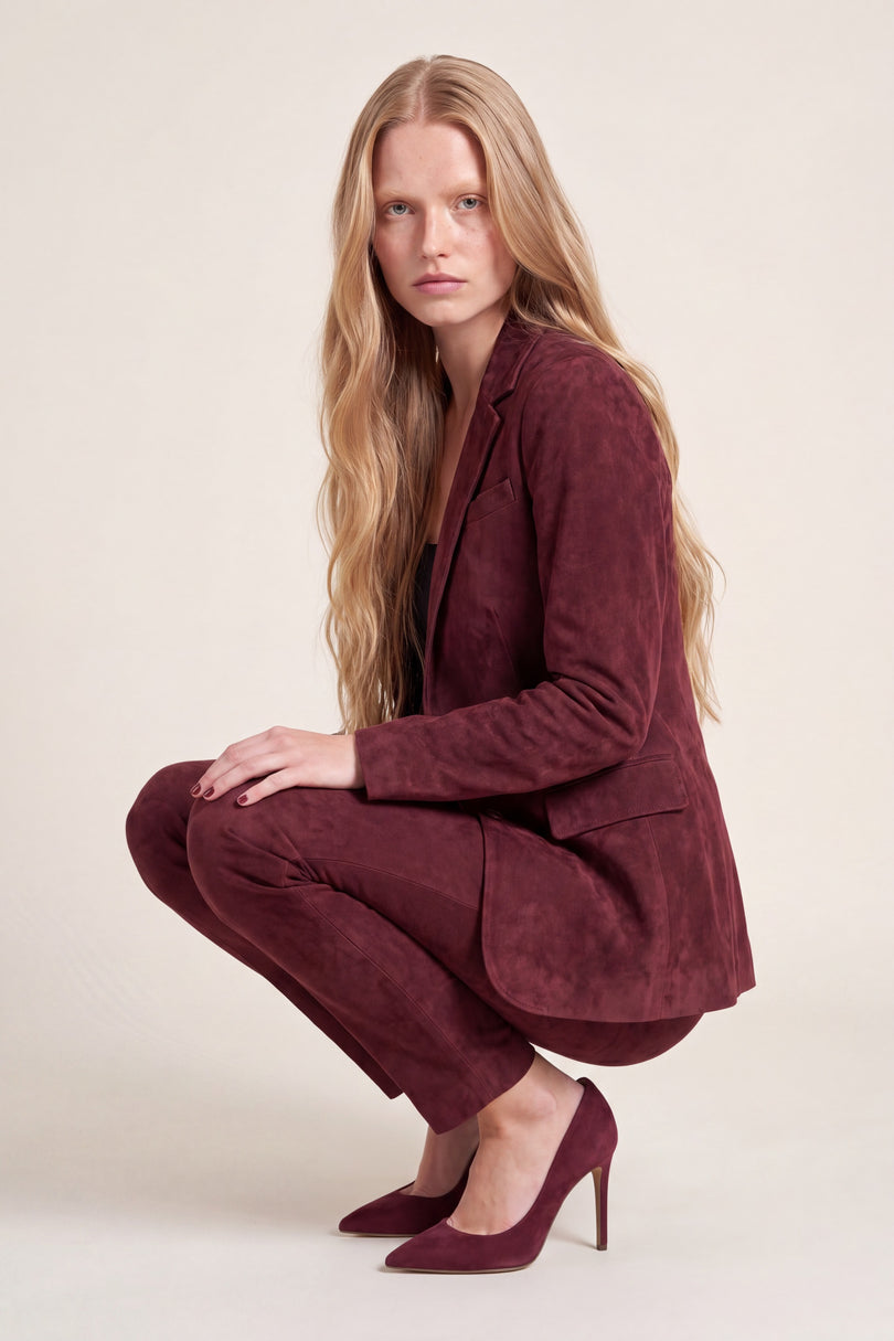 Lambskin Suede Single-Breasted Blazer - Burgundy - freestyle view