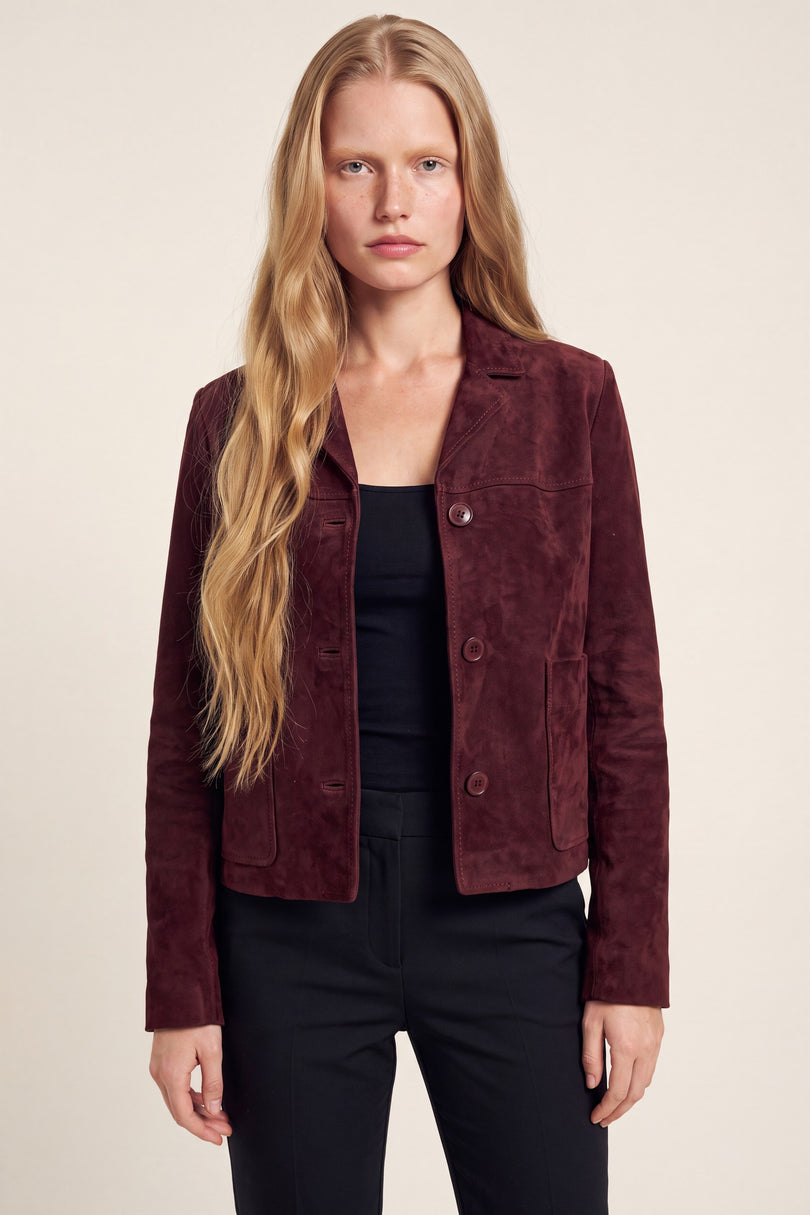 Short Lambskin Suede Jacket - Burgundy - macro view