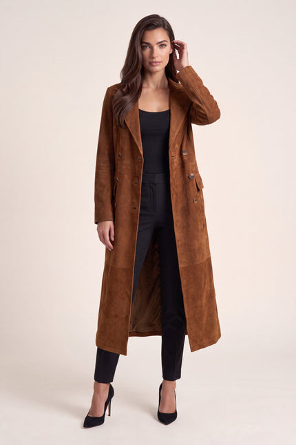 Lambskin Suede Double-Breasted Trench Coat - Brown - front view