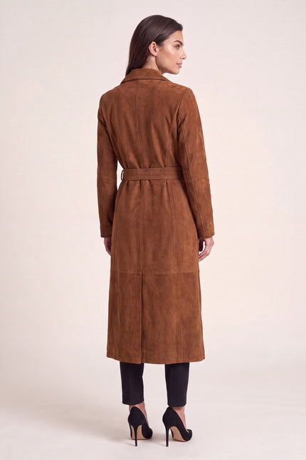 Lambskin Suede Double-Breasted Trench Coat - Brown - back view