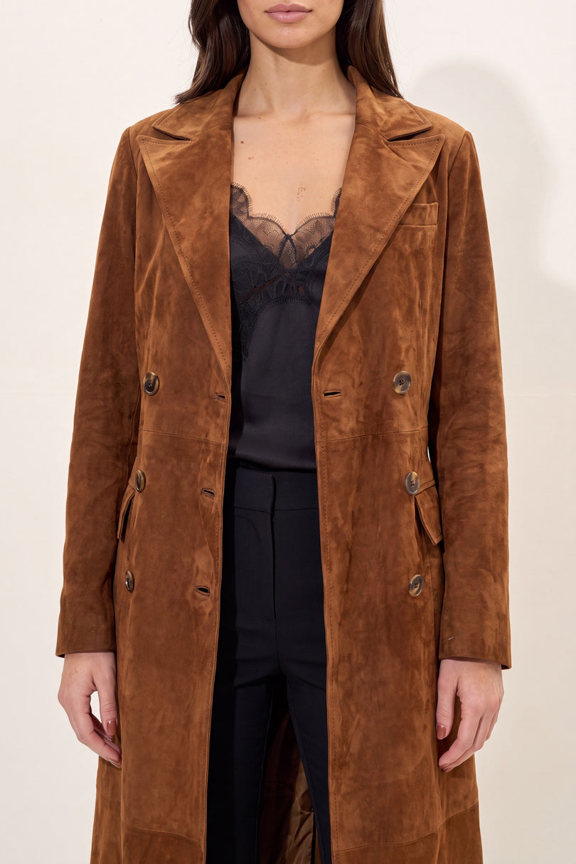 Lambskin Suede Double-Breasted Trench Coat - Brown - detail view