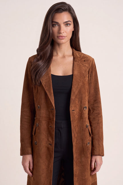 Lambskin Suede Double-Breasted Trench Coat - Brown - macro view