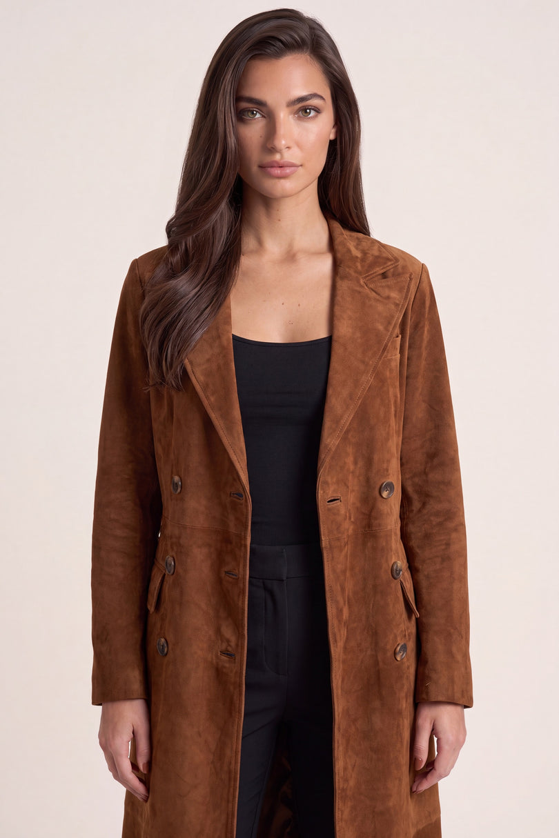 Lambskin Suede Double-Breasted Trench Coat - Brown - macro view