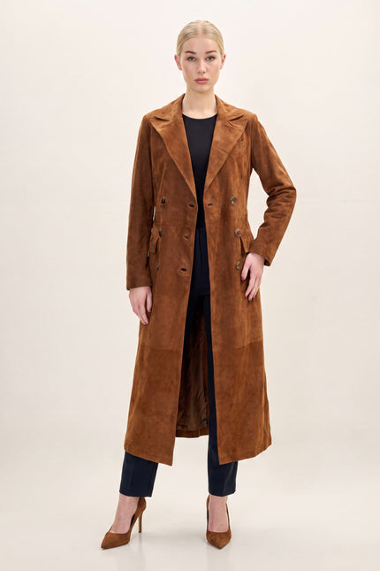 Lambskin Suede Double-Breasted Trench Coat - Brown - front view