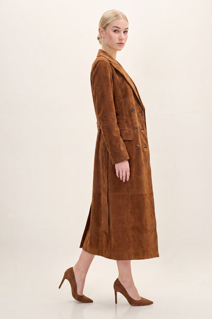Lambskin Suede Double-Breasted Trench Coat - Brown - side view