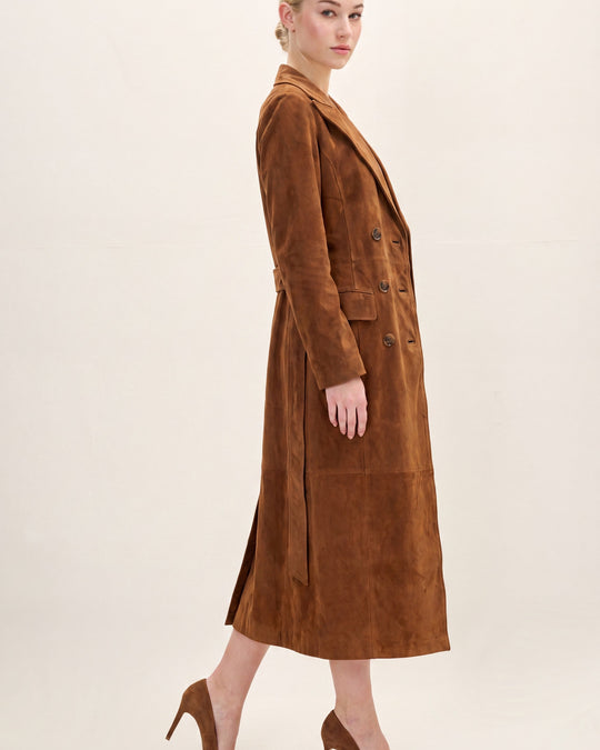 Lambskin Suede Double-Breasted Trench Coat - Brown - side view