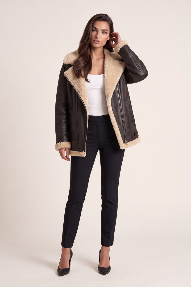 Lambskin Shearling Lined Jacket - Dark Brown - front view