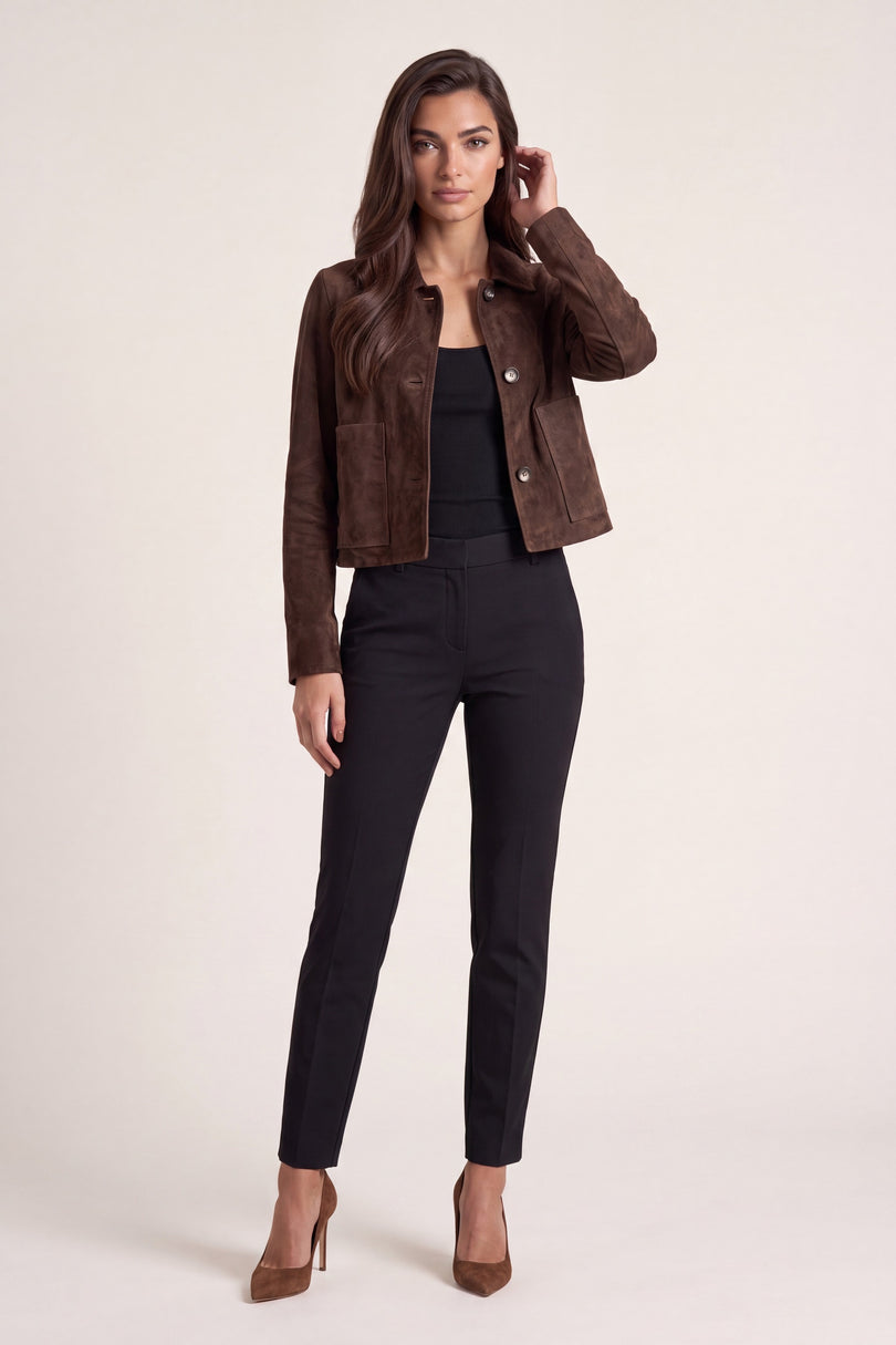 Lambskin Suede Short Jacket - Dark Brown - front view