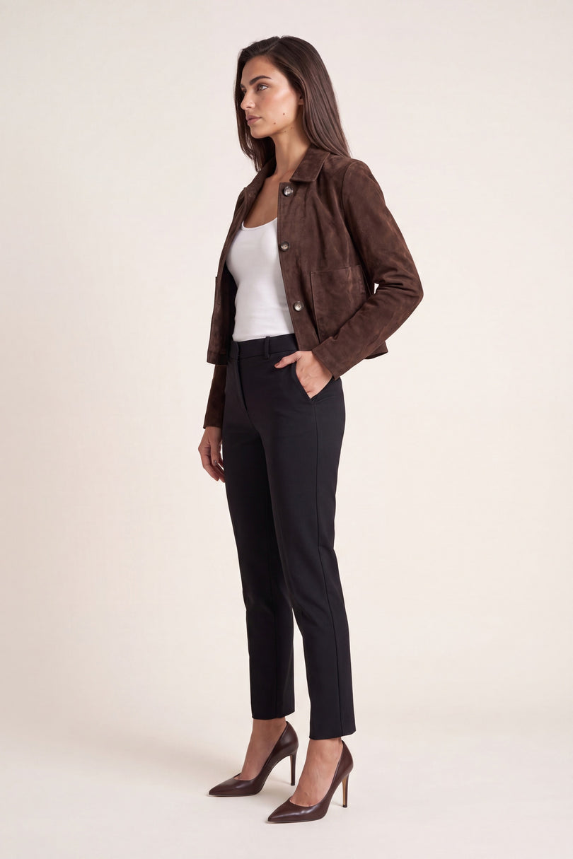 Lambskin Suede Short Jacket - Dark Brown - side view