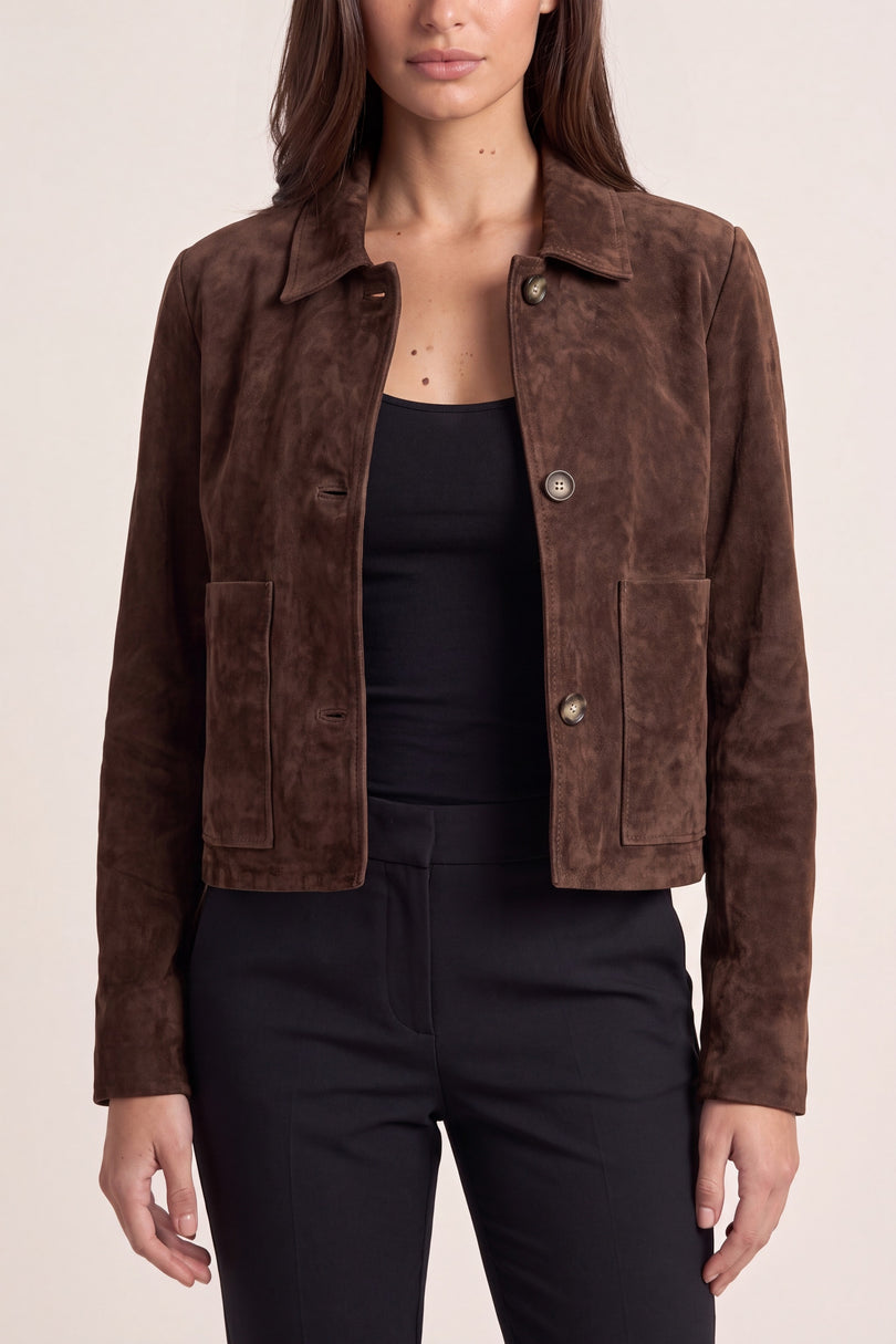 Lambskin Suede Short Jacket - Dark Brown - detail view