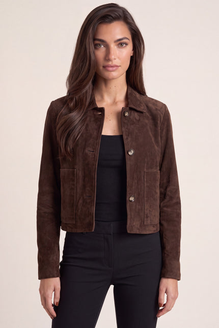 Lambskin Suede Short Jacket - Dark Brown - macro view