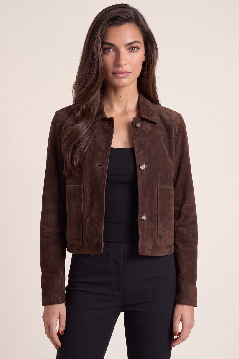 Lambskin Suede Short Jacket - Dark Brown - macro view