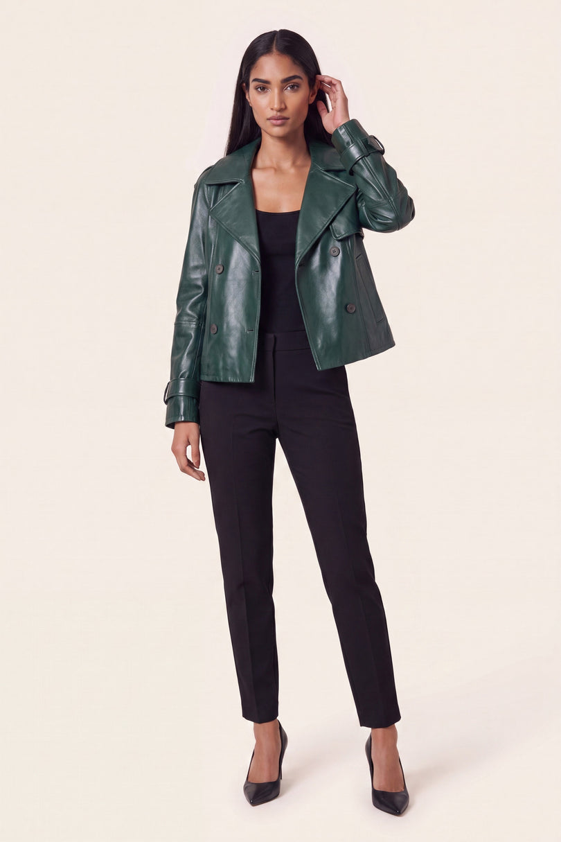 Double-Breasted Lambskin Short Trench Jacket - Green - front view