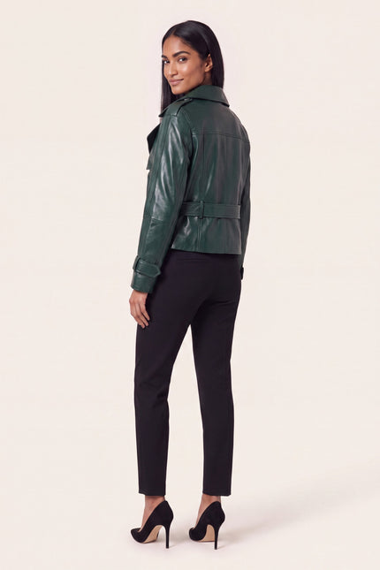 Double-Breasted Lambskin Short Trench Jacket - Green - back view