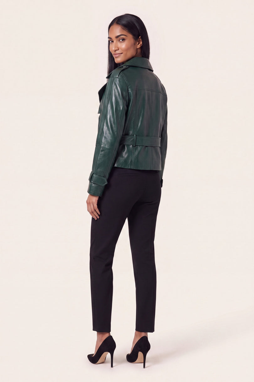 Double-Breasted Lambskin Short Trench Jacket - Green - back view