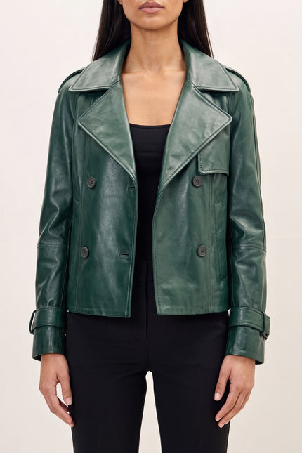 Double-Breasted Lambskin Short Trench Jacket - Green - detail view