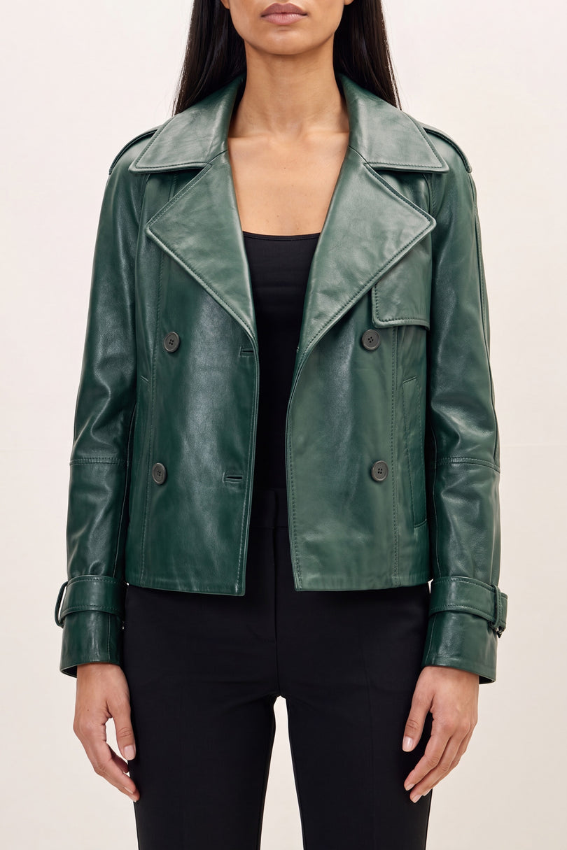 Double-Breasted Lambskin Short Trench Jacket - Green - detail view