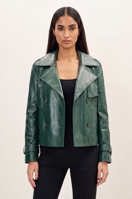 Double-Breasted Lambskin Short Trench Jacket - Green - macro view
