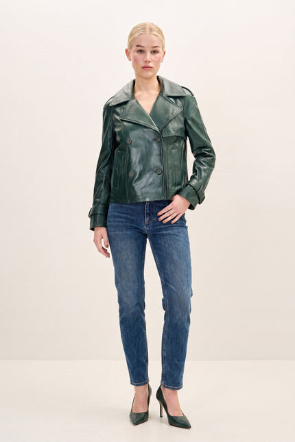 Double-Breasted Lambskin Short Trench Jacket - Green - front view
