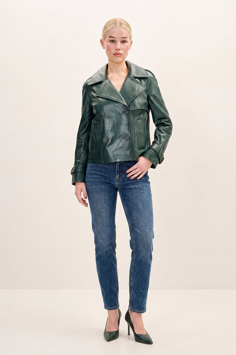 Double-Breasted Lambskin Short Trench Jacket - Green - front view