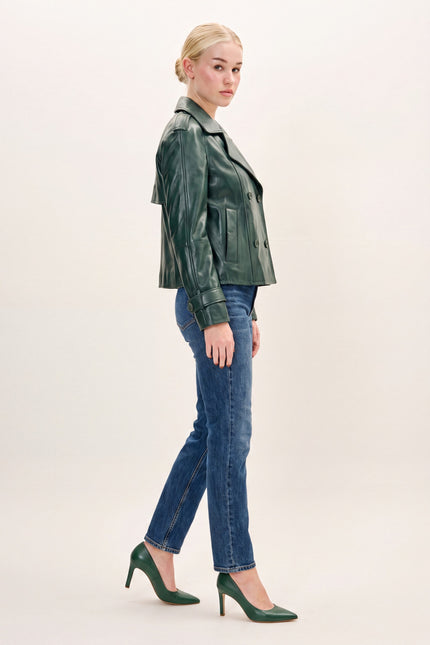 Double-Breasted Lambskin Short Trench Jacket - Green - side view