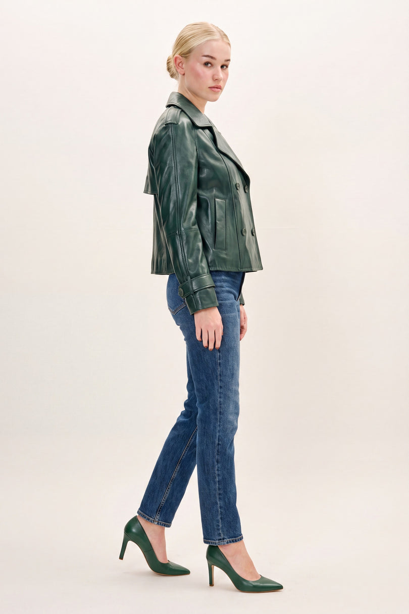 Double-Breasted Lambskin Short Trench Jacket - Green - side view