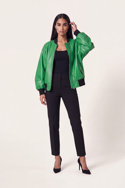 Lambskin Bubble-Sleeve Bomber Jacket - Green - front view