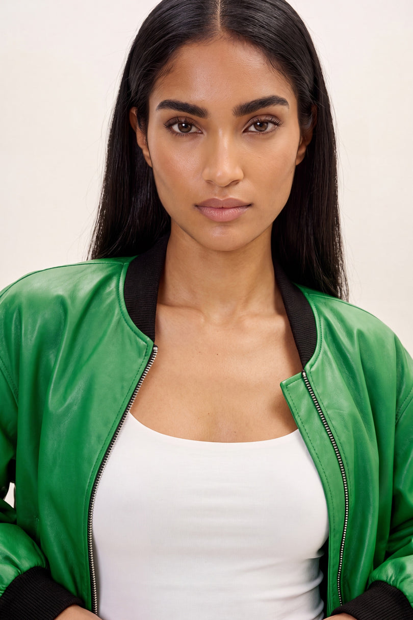Lambskin Bubble-Sleeve Bomber Jacket - Green - macro view