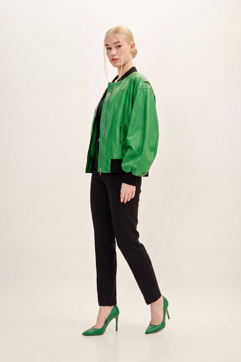 Lambskin Bubble-Sleeve Bomber Jacket - Green - side view