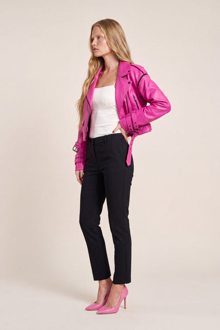 Lambskin Leather Cropped Moto Jacket - Pink - side view