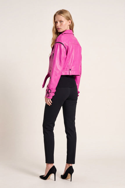 Lambskin Leather Cropped Moto Jacket - Pink - back view