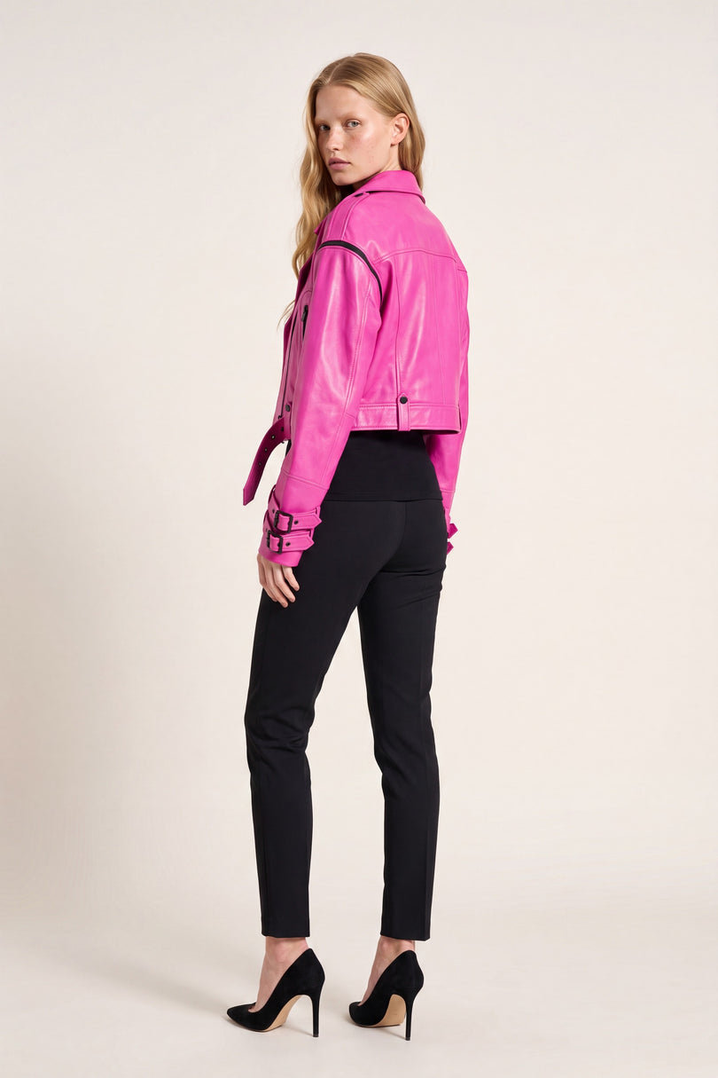 Lambskin Leather Cropped Moto Jacket - Pink - back view