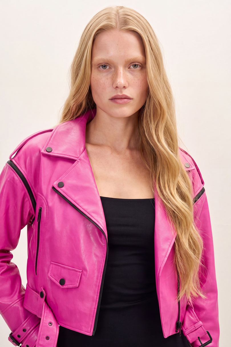 Lambskin Leather Cropped Moto Jacket - Pink - macro view